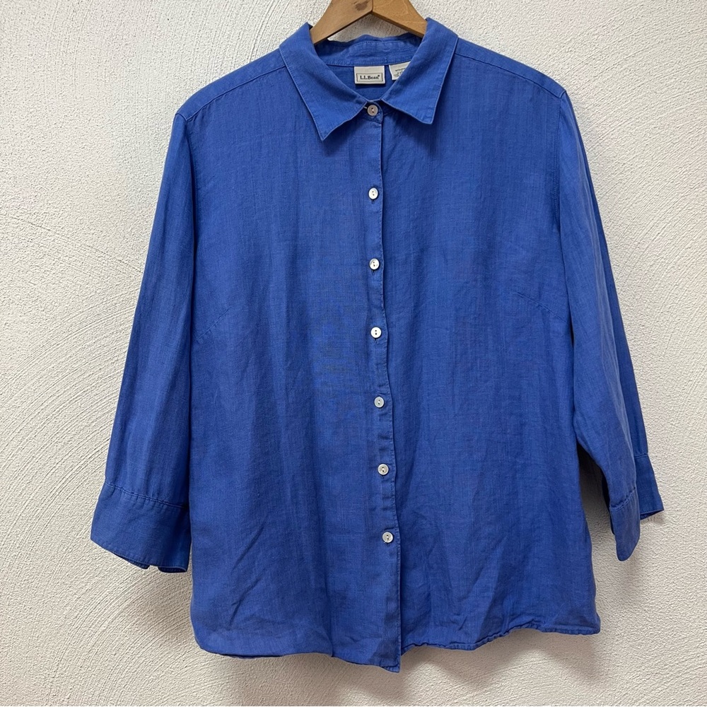 L.L. Bean Cobalt Blue Button-Front Linen Blouse